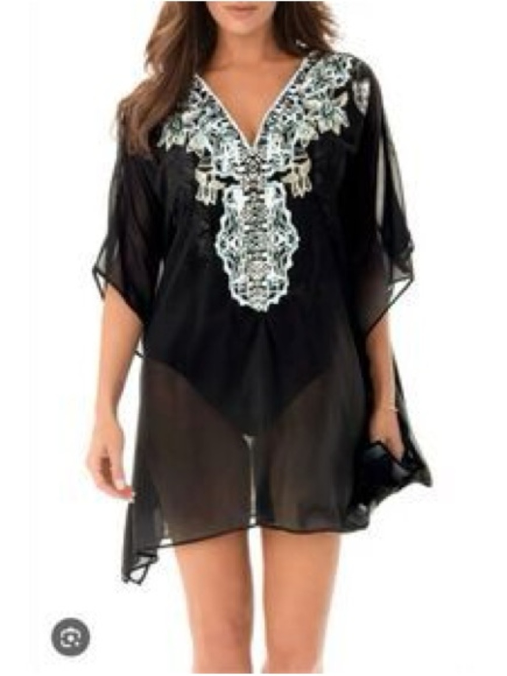 Miraclesuit sheer black embroidered swim cover-up caftan